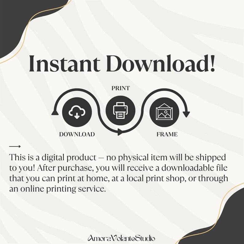 Pu&ograve; includere: Grafica di prodotto digitale con il testo "Download istantaneo!" e istruzioni per scaricare, stampare e incorniciare. L'immagine include icone di cloud, stampante e immagine incorniciata, con una nota sulla ricezione di un file scaricabile.