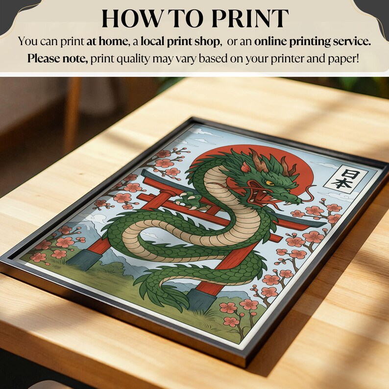 May include: Framed art print featuring a green dragon with red accents, a red sun, and a Japanese gate. The artwork includes cherry blossoms and the Japanese word for Japan. The frame is black.