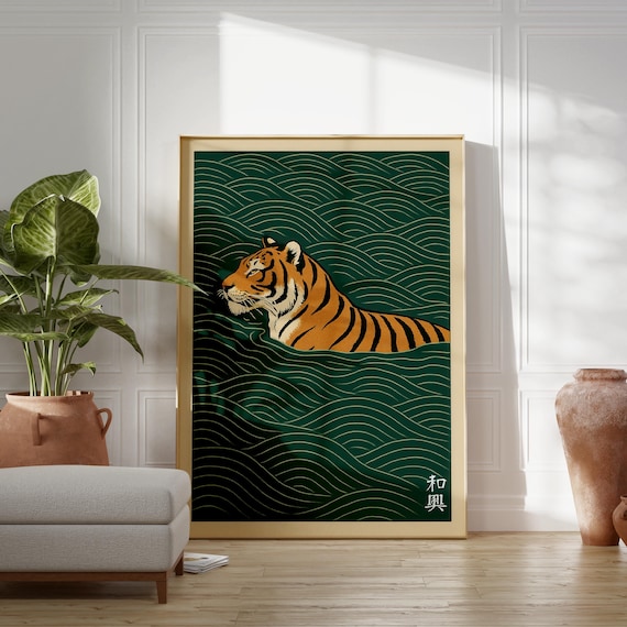 Japanese Tiger Swimming Wall Art, Japandi Animal Poster, Zen Wave Artwork, Wabi Sabi Home Decor, Minimalist Japanese Print, Digital Download