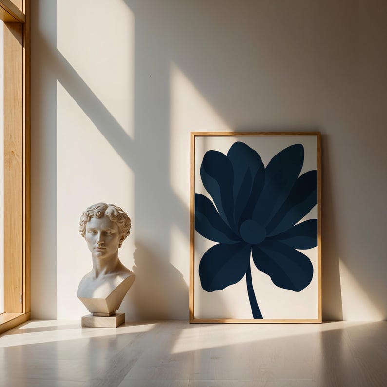 Modern Floral Poster, Navy Blue Flower Art, Minimalist Botanical Print ...