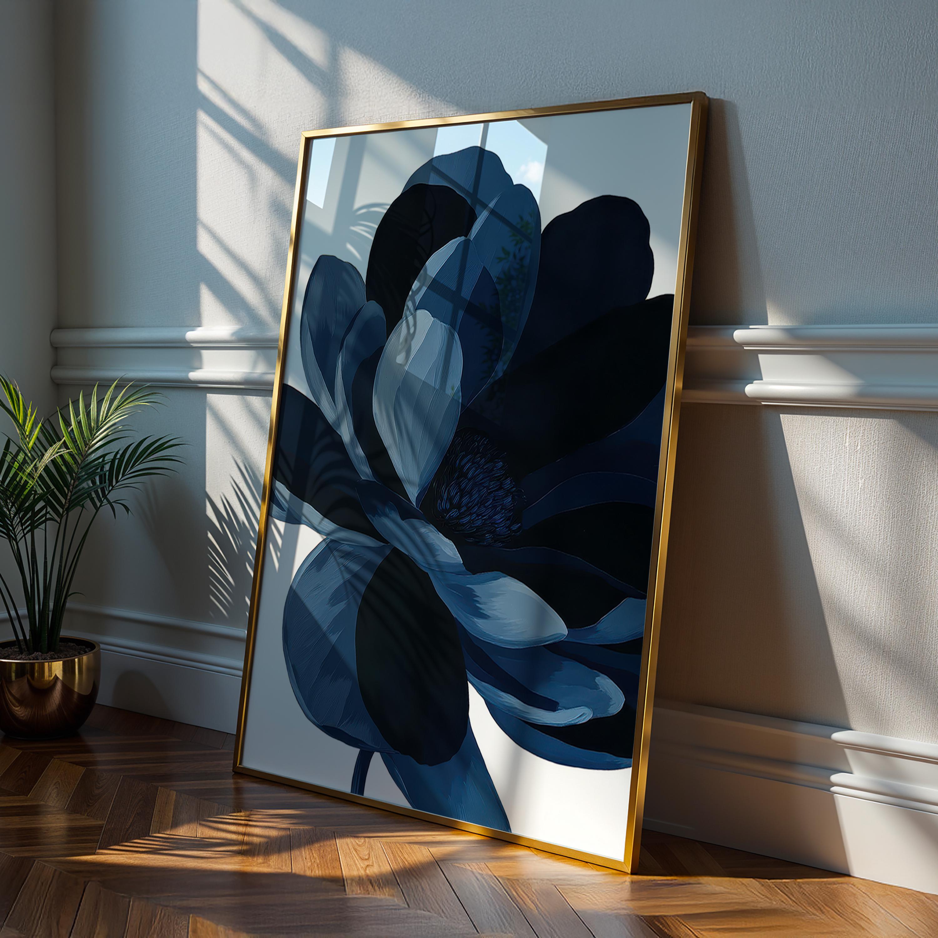 Navy Blue Flower Art, Modern Floral Poster, Minimalist Botanical Print ...
