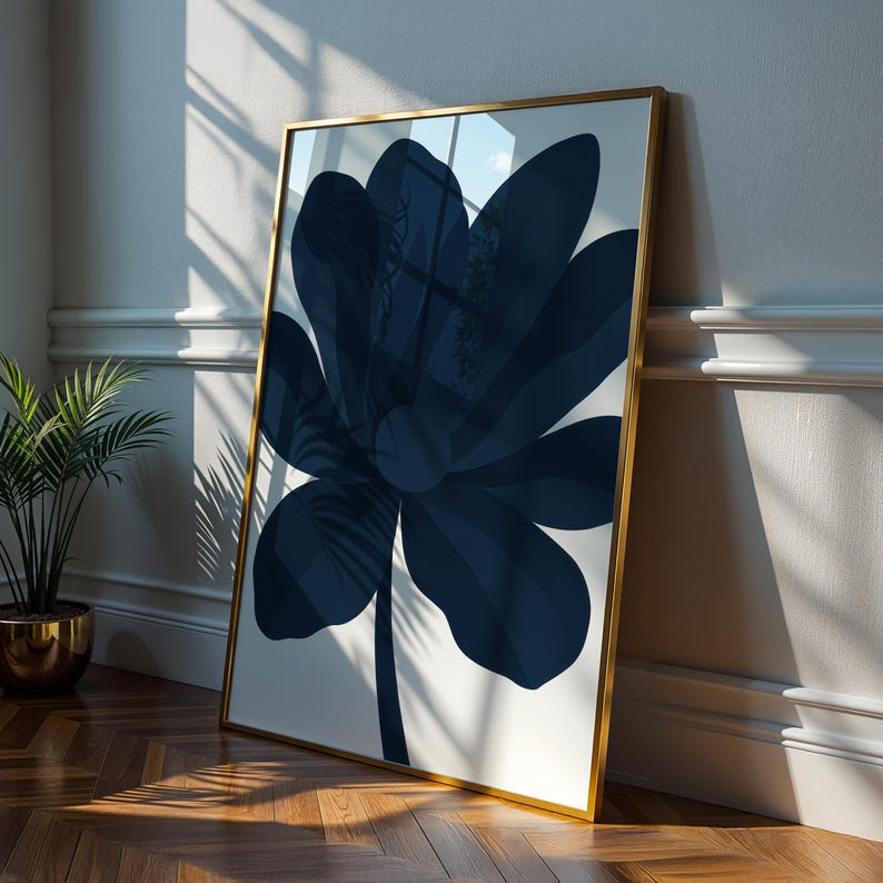 Modern Floral Poster, Navy Blue Flower Art, Minimalist Botanical Print ...
