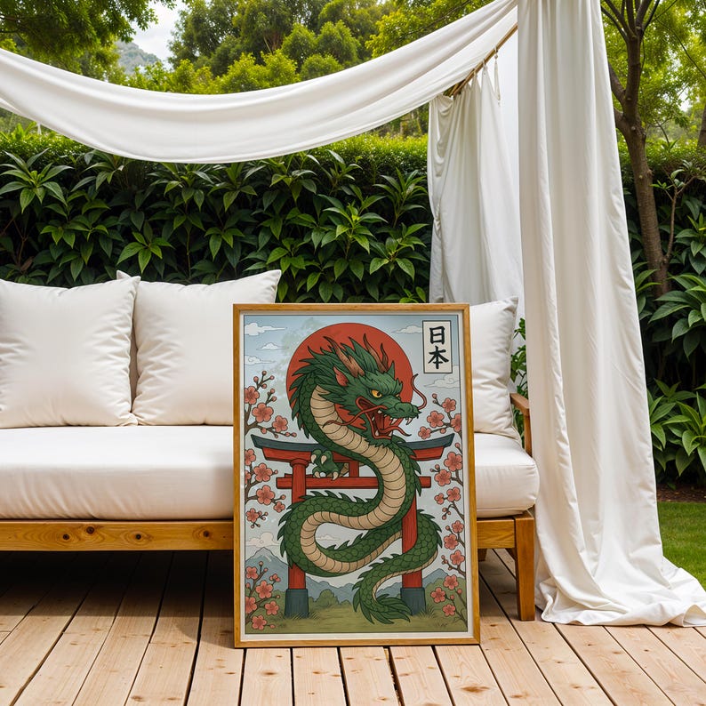 May include: A framed illustration featuring a green dragon with a red sun in the background. The dragon is positioned in front of a red torii gate, with cherry blossoms on either side. The Japanese characters are in the upper right corner.
