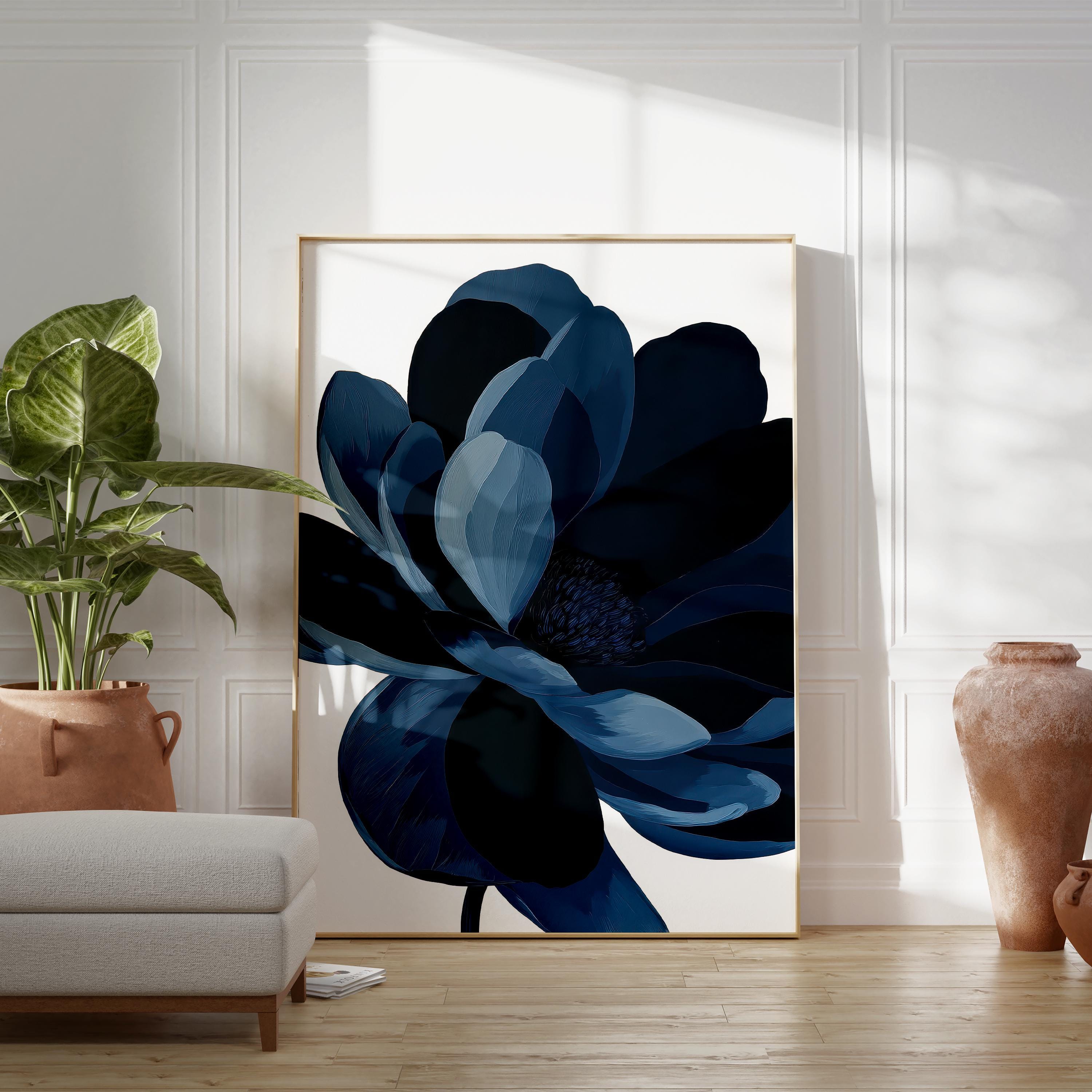 Navy Blue Flower Art, Modern Floral Poster, Minimalist Botanical Print ...