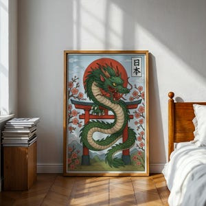 May include: A framed art print featuring a green dragon with red accents, set against a red sun and a traditional Japanese gate. Cherry blossoms and Japanese text are also included in the design.