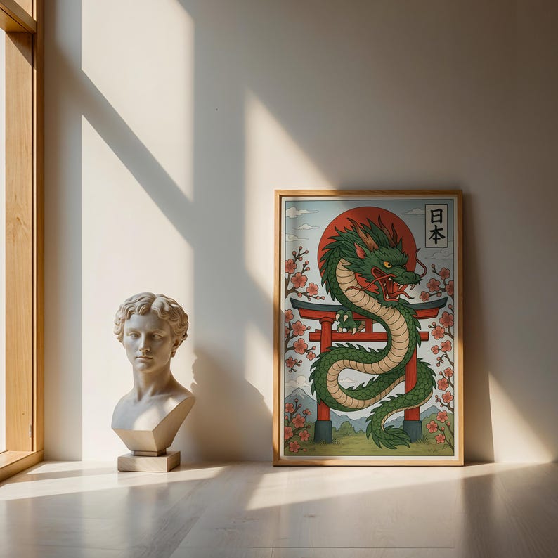 May include: A framed art print featuring a green dragon with red accents, a red sun, and Japanese text. The dragon is coiled around a red torii gate, with cherry blossoms and mountains in the background. The artwork is in a wooden frame.