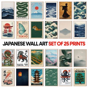 May include: A set of 25 framed Japanese wall art prints. The prints feature various designs, including landscapes, animals, and traditional Japanese motifs. The color palette includes blues, greens, reds, and oranges. The text "Japanese Wall Art Set of 25 Prints" is displayed.