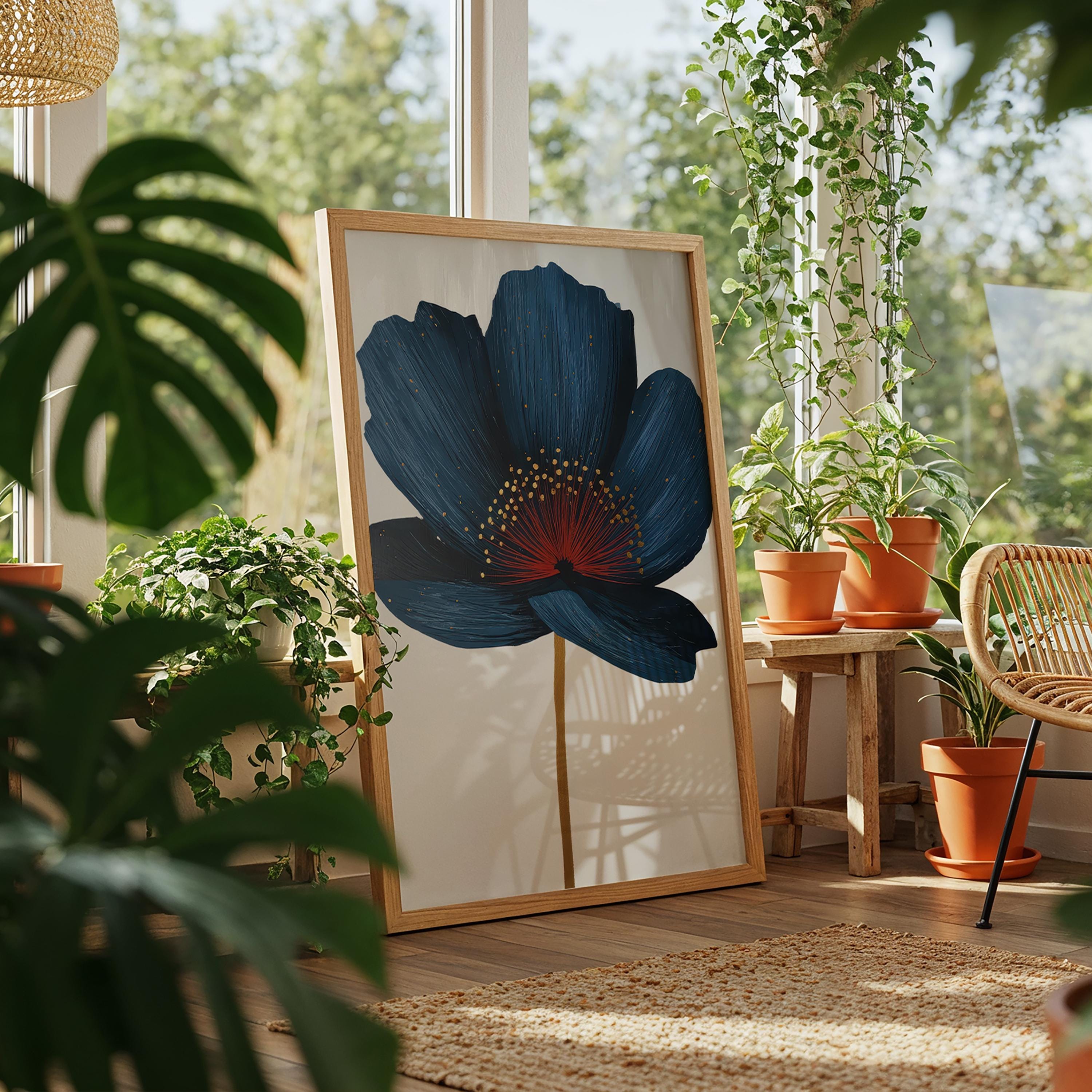 Navy Blue Flower Wall Art, Modern Floral Poster, Minimalist Botanical ...