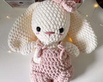 Crochet Bunny Plushie: Handmade Polyester Amigurumi in Overalls