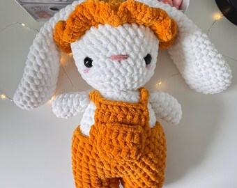 Crochet Bunny Plushie: Handmade Polyester Amigurumi in Overalls