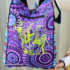 Elephant Screen, Peace Color Printed Cotton Shoulder Bag , Natural, Eco Friendly Unisex Crossbody Bag for Travel & Festivals. Casual