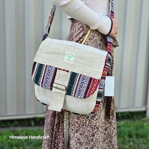 Natural & Eco-friendly Vegan Crossbody Messenger Bag, Handmade Boho Hippie Style Hemp Crossbody Bag, Multipocket, Multipurpose Outdoor Bag.