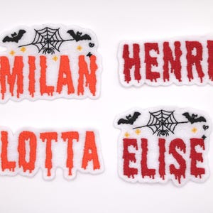 Pode incluir: Quatro patches brancos com texto vermelho soletrando nomes: "MILAN", "HENRI", "LOTTA" e "ELISE". Cada patch tem um efeito de gotejamento nas letras. Os patches "MILAN" e "ELISE" têm um design de morcego e teia de aranha.