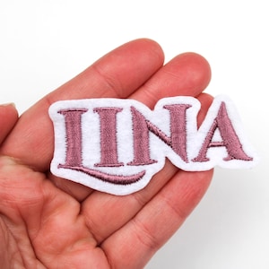 Op de afbeelding: Een wit geborduurd embleem met de naam "IINA" in mauve letters. De patch heeft een witte rand en wordt in de hand van een persoon gehouden.
