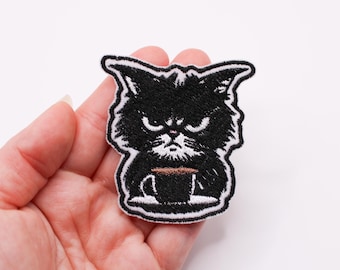 Angry Cat Coffee Patch: Embroidered Iron-On Applique