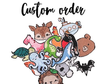 May include: A collection of colorful embroidered iron-on patches featuring various animals, including a deer, a dinosaur, a turtle, an octopus, a whale, a bear, a bat, a koala, a hedgehog, a giraffe, a chicken, a submarine, and a bird. The patches are arranged in a cluster and the text "Custom order" is written above them.