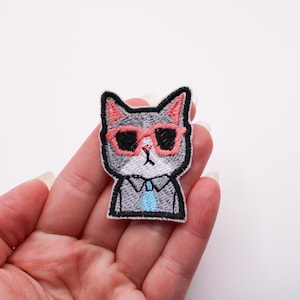 Cute Embroidered Iron On Patch Cat with Sunglasses for Jackets Hats Bags Unique Accessories Gift