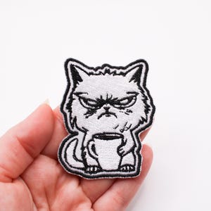 Angry Cat Embroidered Patch: Coffee Lover Gift, Iron On/Hook and Loop