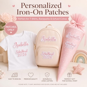 Puede incluir: Parches termoadhesivos personalizados con el nombre "Isabella" y "Schulkind 2026" en una camiseta blanca, una mochila beige y un cucurucho escolar rosa. Los parches están diseñados para camisetas, mochilas y cucuruchos escolares.
