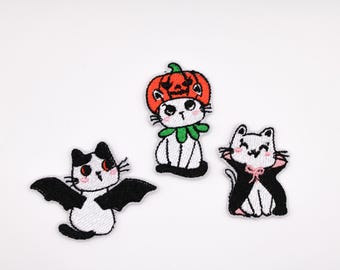 Patch bordado de gato de Halloween: morcego, abóbora ou Drácula - Aplique de ferro