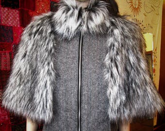 Zip-Up Herringbone WOOL Cape Vest with Faux Grey Wolf FUR Wings and 2 Inset Front Pockets