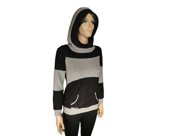 Women's Color Block EMF Pullover Hoodie with High Collar, and Kangaroo Pocket in Black and Grey Silver Knit. Blocks 55-60dbm