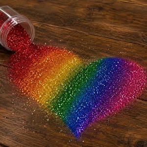 May include: A clear plastic jar tipped on its side, spilling fine glitter in a vibrant rainbow gradient of red, orange, yellow, green, blue, and purple, arranged in the distinct shape of a heart on a dark brown wooden surface with visible grain.