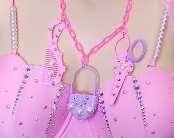 Pink and purple doll things chunky bling maximalist waterfall necklace