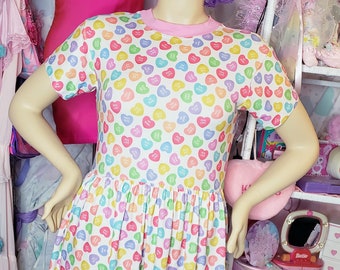 Conversation hearts print stretch knit sack dress with pockets, fairy kei, 90s aesthetic, Valentine's day, spank kei, drag queen, 80s L XL