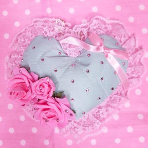 Mint green quilted heart plush key chain trinket, Hime gyaru bling