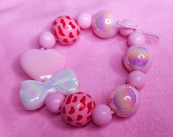 Pink red heart bow cottagecore coquette lovecore kandi stretch bracelet