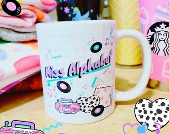 90s nostalgia ceramic mug, 80s coffee mug, tea lover gift, vaporwave aesthetic home decor, Miss Alphabet logo