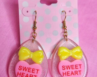 Yellow/pink glitter Conversation Hearts Spank! kei drop earrings