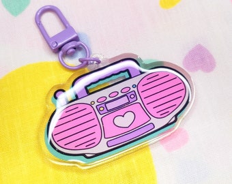 Pink Boombox 90's acrylic keychain Miss Jediflip collab, kawaii bag charm, zipper pull