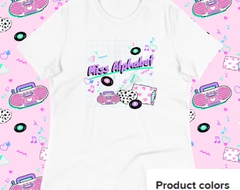 Women's relaxed T-shirt, Miss Alphabet x Miss Jediflip logo pink Boombox fairy kei graphic tee, plus size clothing, 90's fashion