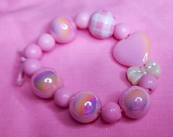 Pink gingham heart bow cottagecore coquette lovecore kandi stretch bracelet