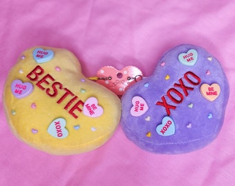 Giant plush conversation hearts lovecore earrings, chunky bimbo drag queen accessories