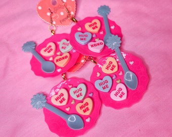 Conversation hearts on plates lovecore earrings, chunky bling bimbo drag queen accessories