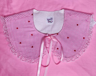 Pink gingham embroidered heart lovecore fairy kei detachable collar