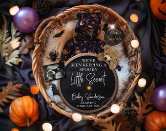 May include: A black letter board with the text "We've been keeping a spooky little secret. Baby Sanderson arriving February 2025."  The board is surrounded by Halloween decorations, including a baby outfit, a stuffed bear, and a pumpkin.