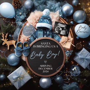Annuncio digitale di nascita di un bambino a Natale, annuncio di gravidanza di Natale blu, annuncio modificabile sui social media di dicembre, modello di nascita di un bambino