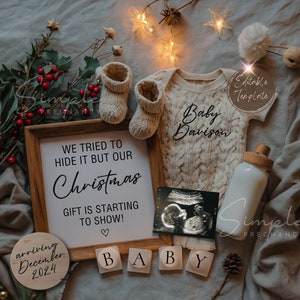 Weihnachten Schwangerschaftansage: Minimalistisches Baby im Dezember (bearbeitbare digitale Vorlage)