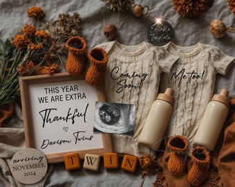 Simple Thanksgiving Twins Pregnancy Announcement Digital, Fall Gender Neutral Twins Announcement, EDITABLE November Social Media Reveal