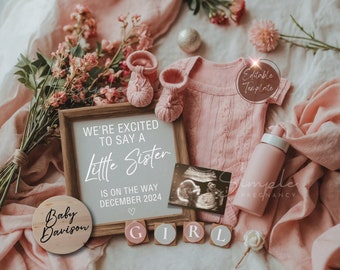 It&#39;s a Girl Baby Gender Reveal, Simple Little Sister Baby Announcement, EDITABLE Pink Digital Pregnancy Announcement Download, Social Media
