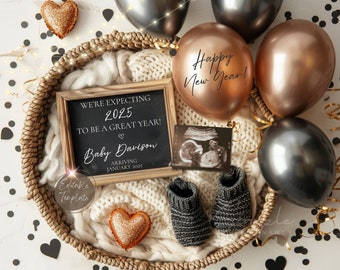 May include: A chalkboard sign with the text "We're expecting 2025 to be a great year! Baby Davison arriving January 2025" surrounded by gold and black balloons, a baby sock, a heart, and a sonogram photo.