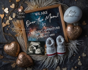 Simple Space Pregnancy Announcement, Minimalist Astronaut Baby Announcement, Digital Neutral Baby Reveal, Over the Moon EDITABLE Template