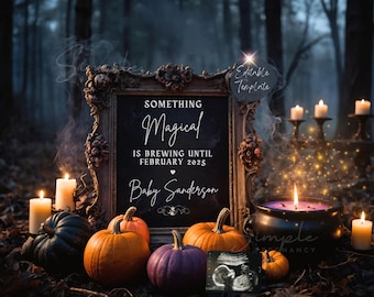 May include: A Halloween-themed pregnancy announcement with a dark, mystical aesthetic. A framed chalkboard reads "Something Magical is Brewing Until February 2025, Baby Sanderson." Pumpkins, candles, and a cauldron surround the frame, with a sonogram image.