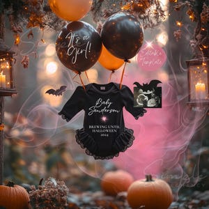 Faire-part de grossesse fille Halloween, faire-part de bébé magique d&#39;octobre, sexe fille MODIFIABLE numérique, chaudron brassant la fumée rose