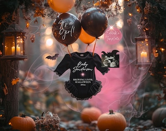 Halloween Girl Pregnancy Announcement, Magical October Baby Announcement, Digital EDITABLE Girl Gender Reveal, Cauldron Brewing Pink Smoke