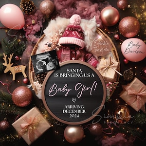 Christmas Baby Girl Announcement Digital, Pink Christmas Pregnancy Announcement, Editable December Social Media Reveal, It&#39;s a Girl Template